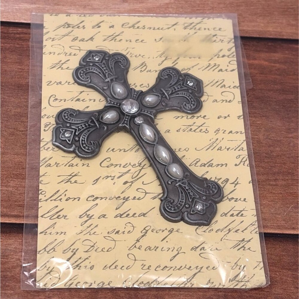 Metal Cross EMBELLISHMENT Icon With Intricate Design & Pearly Accents 384730